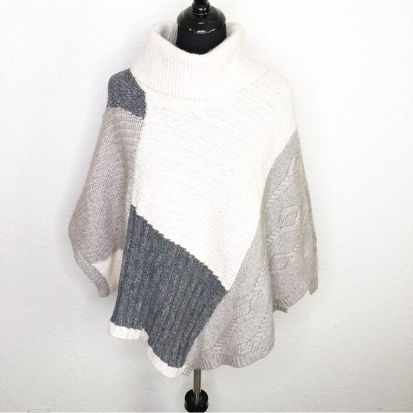 WHBM cream gray mixed knit color block cape poncho wool blend sweater size Small - Picture 1 of 16